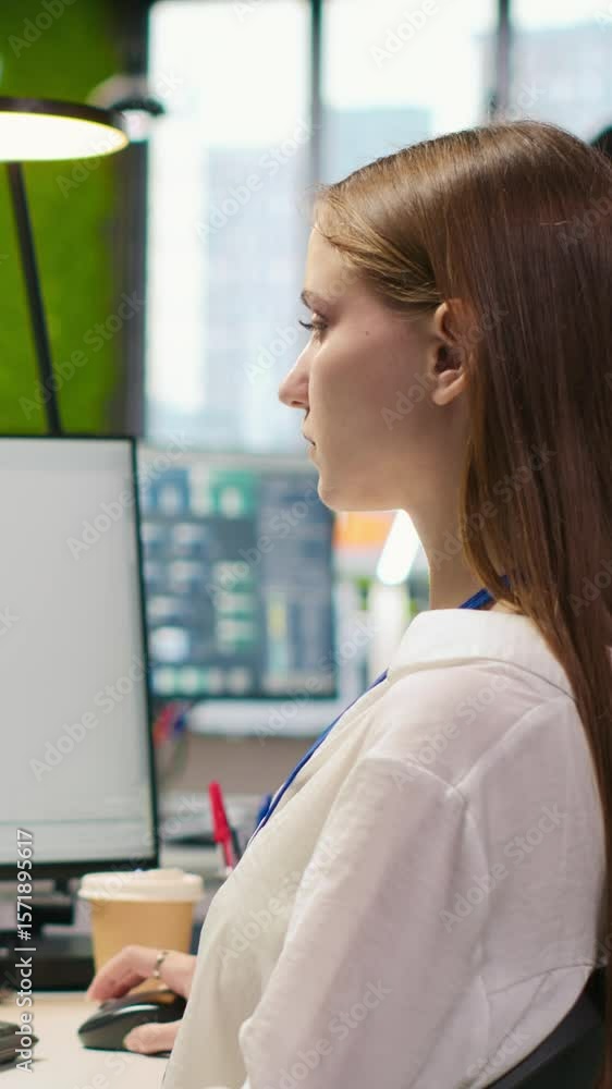 Poster vertical video female technician testing generative ai machine learning algorithms at work. it profe