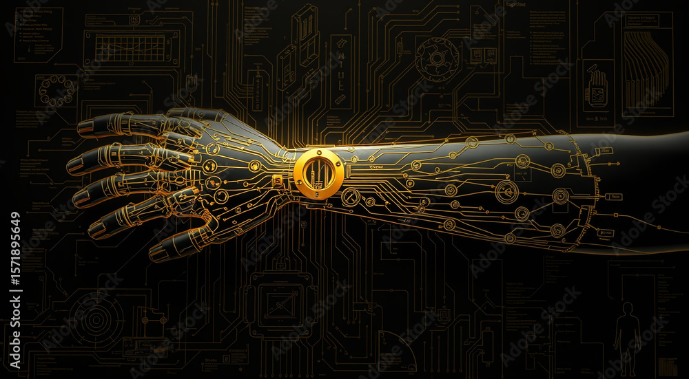 Poster technical 3d blueprint of bionic arm with ai neural connections, gold circuitry on black