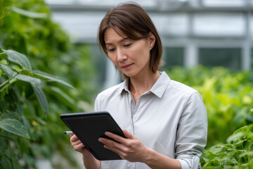 Fototapeta premium Woman Agronomist Using Tablet in Greenhouse for Plant Research and Data Analysis