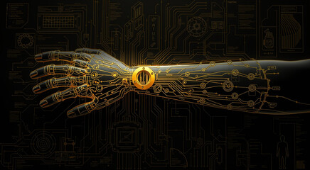 Technical 3D blueprint of bionic arm with AI neural connections, gold circuitry on black
