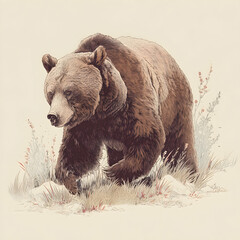 Walking grizzly bear drawing on beige background with pencil texture
