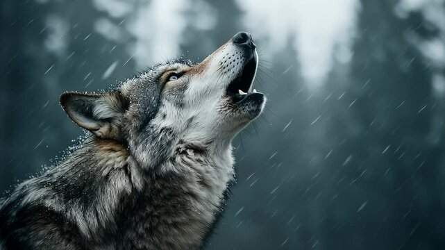 Gray wolf howling in the rain in a forest