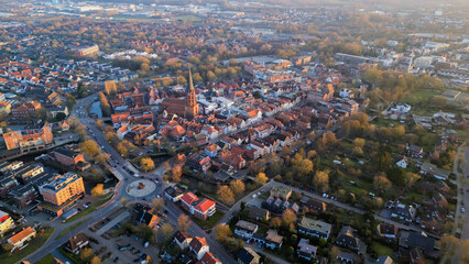 Aerial view around the old town of the city Heppenheim on a sunny autumn morning in Germany.	
