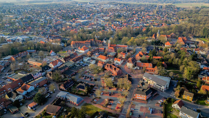 Aerial view around the old town of the city Zeven on a sunny autumn noon in Germany.	