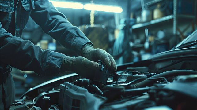 Mechanic working on car engine in garage with gloved hands and tools under bright fluorescent lights