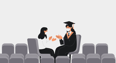 Obraz premium Masked Graduate Celebrates Success With Friend After University Degree Ceremony