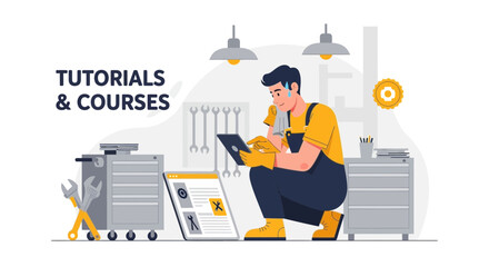 Mechanic Attending Online Workshop Or Learning On Tablet Device In Garage