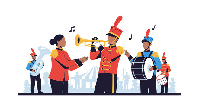 Marching Band Performing At Parade In Uniforms With Musical Instruments Illustration