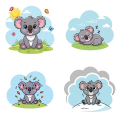 Cute cartoon koala in various moods and activities on colorful backgrounds  