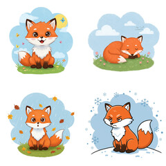 Cute cartoon fox illustrations in various poses and seasons  