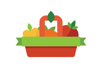 Basket Of Fresh Vegetables With Ribbon In Front On White Background