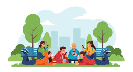 Group Of Young People Relaxing In A Park Using Their Mobile Phones