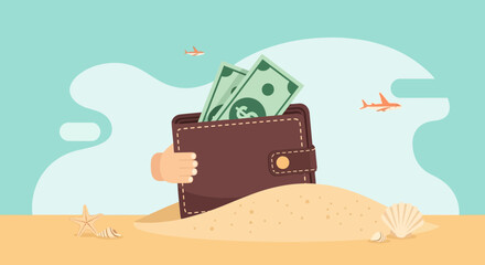 Wallet Full Of Money On The Beach Background For Summer Travel And Vacation