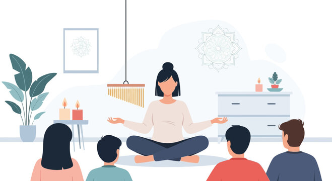 Meditation Session At Home With a Teacher And Pupils In a Bright Room