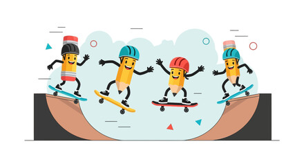 Naklejka premium Skating Pencils Having Fun in the Park Cute Cartoon Vector Illustration