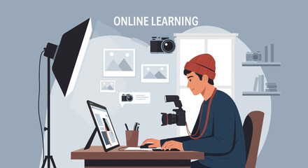 Photographer Learning Online Using Laptop At Home Workplace Photography Studio