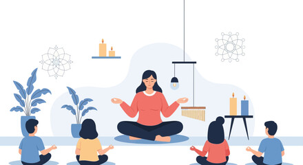 Mindfulness Meditation Class With Woman Leading Practice For Kids In Relaxing Environment