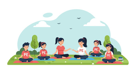 Physical Education Class Doing Outdoor Yoga And Meditation In A Green Peaceful Park