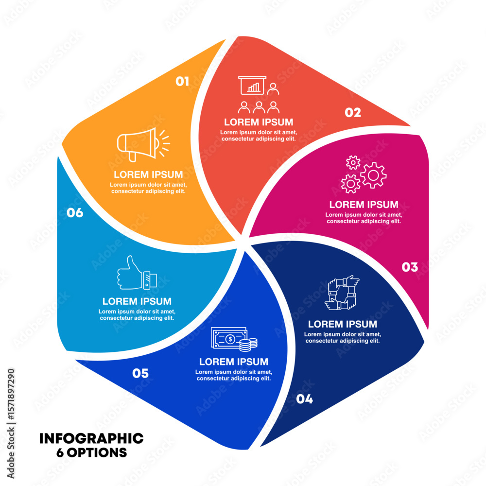 Poster infographic circular diagram with 6 options. round chart that can be used for business analytics, da