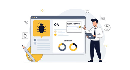 Software Debugging Process Illustration With Tester Analyzing Data For Quality Assurance