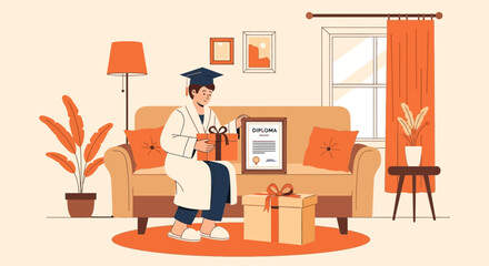 Happy Graduate Celebrating Graduation Day At Home With Gifts And Diploma Illustration