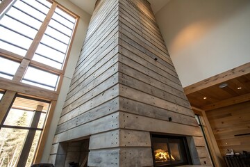 Obraz premium Modern Farmhouse Fireplace with Reclaimed Wood and Large Windows, Interior Design Inspiration