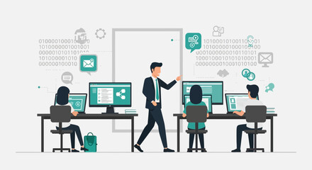 Obraz premium Presentation Of Software Development With Team Working On Computers