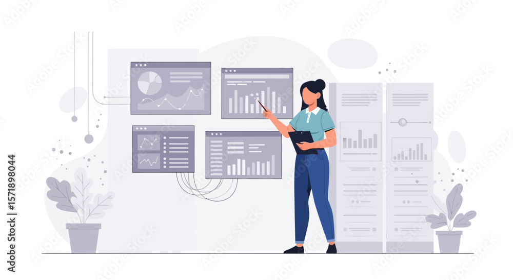 Poster woman explaining data analysis and business intelligence with charts and graphs