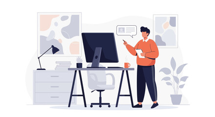 Modern Workspace Where Man Interacts Online Presenting Ideas Using Computer