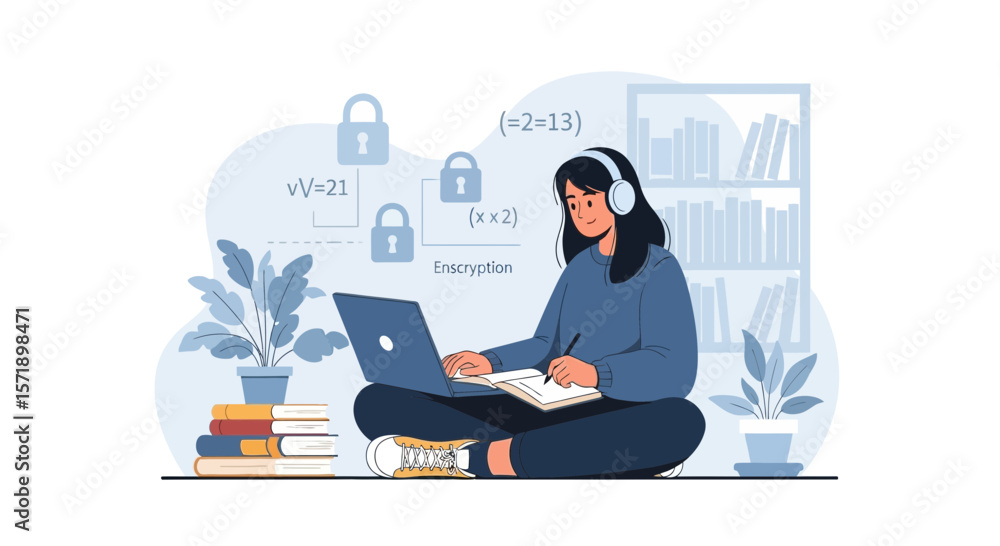Poster woman learning about encryption and data security from home or library
