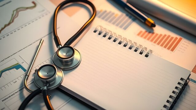"Medical Data Analysis and Reporting: Stethoscope, Blank Notepad, and Pen on Financial Charts and Graphs, Representing Healthcare Research and Business Performance Review."
