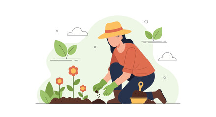 Woman Planting Seeds For Flower Garden Gardening As A Relaxing Spring Activity