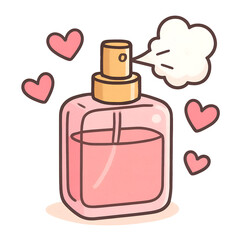 Romantic fragrance: Delicate pink perfume bottle emitting a fragrant cloud, embraced by floating hearts, symbolizing a moment of beauty, love, and affection. 