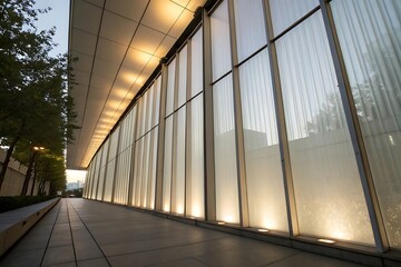 Obraz premium Modern Architectural Design: Sleek Glass Facade with Subtle Lighting at Dusk, Cityscape View