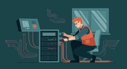 System Administrator Connecting Cables In Data Center For Server Maintenance
