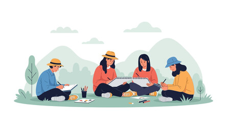 Young Artists Collaborating Outdoors Creating Sketches In Notebooks Together