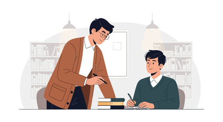 Teacher Assisting Student With Homework In A Library Setting Illustration
