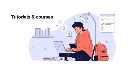 Online Education Concept Young Man Studying Using Laptop At Home