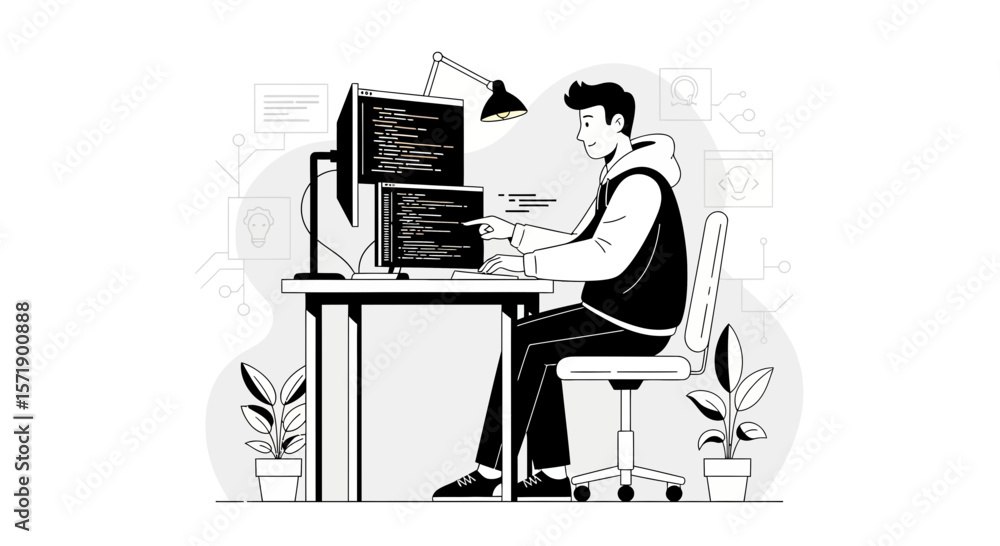 Poster young developer coding at his desk in a modern environment with plants