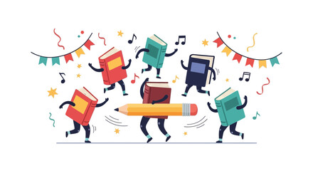 Joyful Celebration Of Learning With Dancing Books And Colorful Party Decorations
