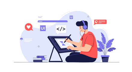 Young Designer Creating Digital Artwork On Tablet With Headphones And Potted Plant