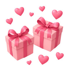 Pink Gift Boxes with Hearts: Two delicately wrapped pink gift boxes adorned with satin ribbons, surrounded by floating pink hearts, symbolize love, romance, and heartfelt presents.