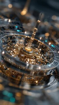 Detailed view of a quantum computers qubit surrounded by hightech components and ethereal light effects. The closeup captures the elegance of quantum mechanics and its potential to
