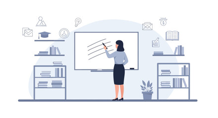 Fototapeta premium Teacher Explaining Lesson on Whiteboard with Academic Elements and Minimalist Style