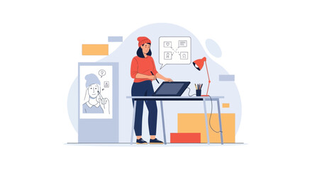 Young Female Artist Creating Digital Artwork On A Tablet Device In Her Studio