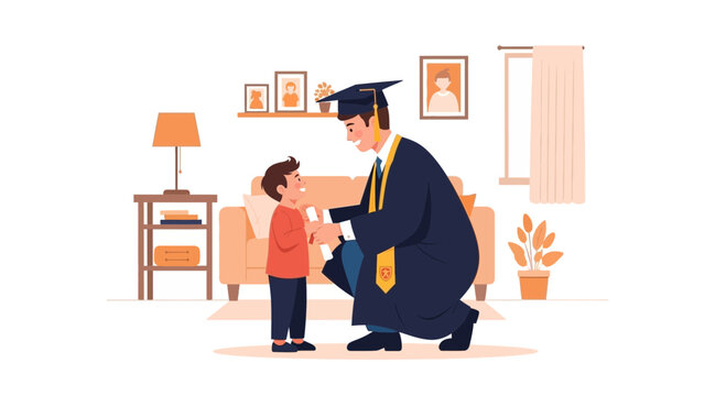 Proud Graduation Moment Shared Between A Father And Son At Home Setting