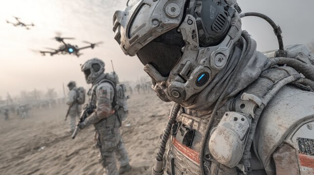 Futuristic soldiers on a desolate battlefield with drones overhead - Powered by Adobe