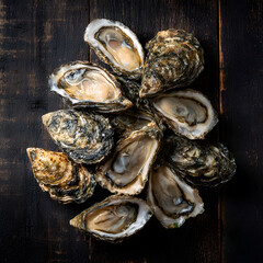Fresh group of closed ostiones stacked on rustic dark wooden table