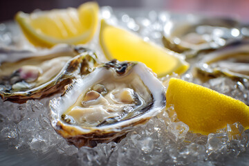 Fresh chilled ostiones served with lemon on ice seafood restaurant plate