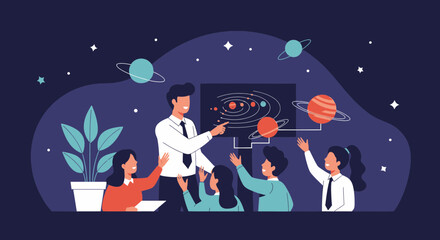 Naklejka premium Teacher Explaining Solar System to Students in Class during Astronomy Lesson